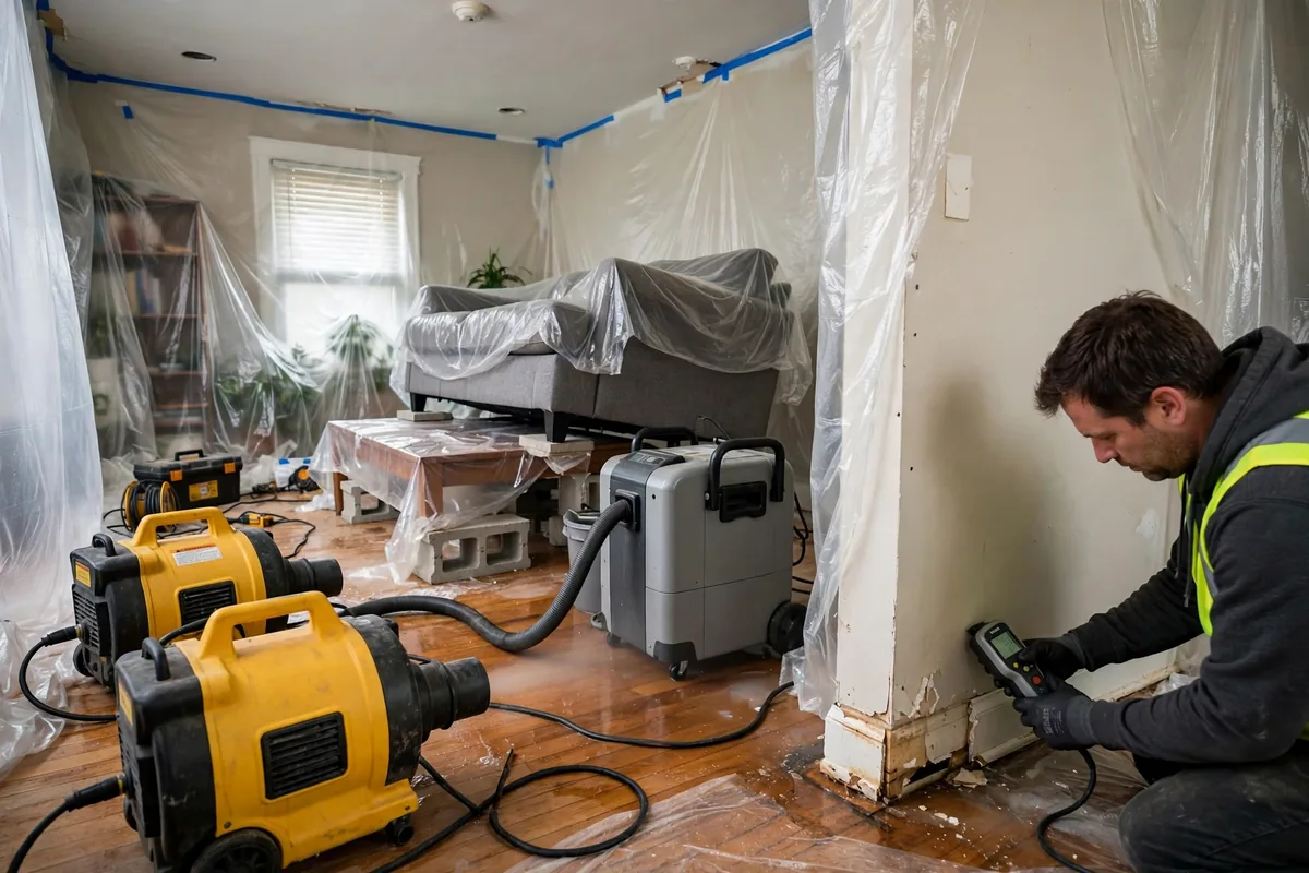 Emergency Burst Pipe & Freeze Water Damage Repair New Plymouth, ID — air movers and a dehumidifier drying a flooded room