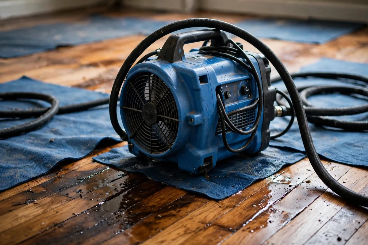 Emergency Burst Pipe & Freeze Water Damage Repair Notus, ID — air movers and a dehumidifier drying a flooded room