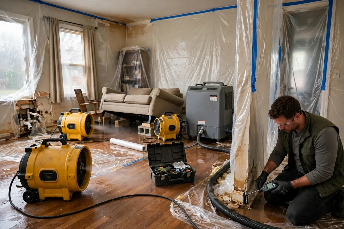 Emergency Burst Pipe & Freeze Water Damage Repair Ola, ID — air movers and a dehumidifier drying a flooded room