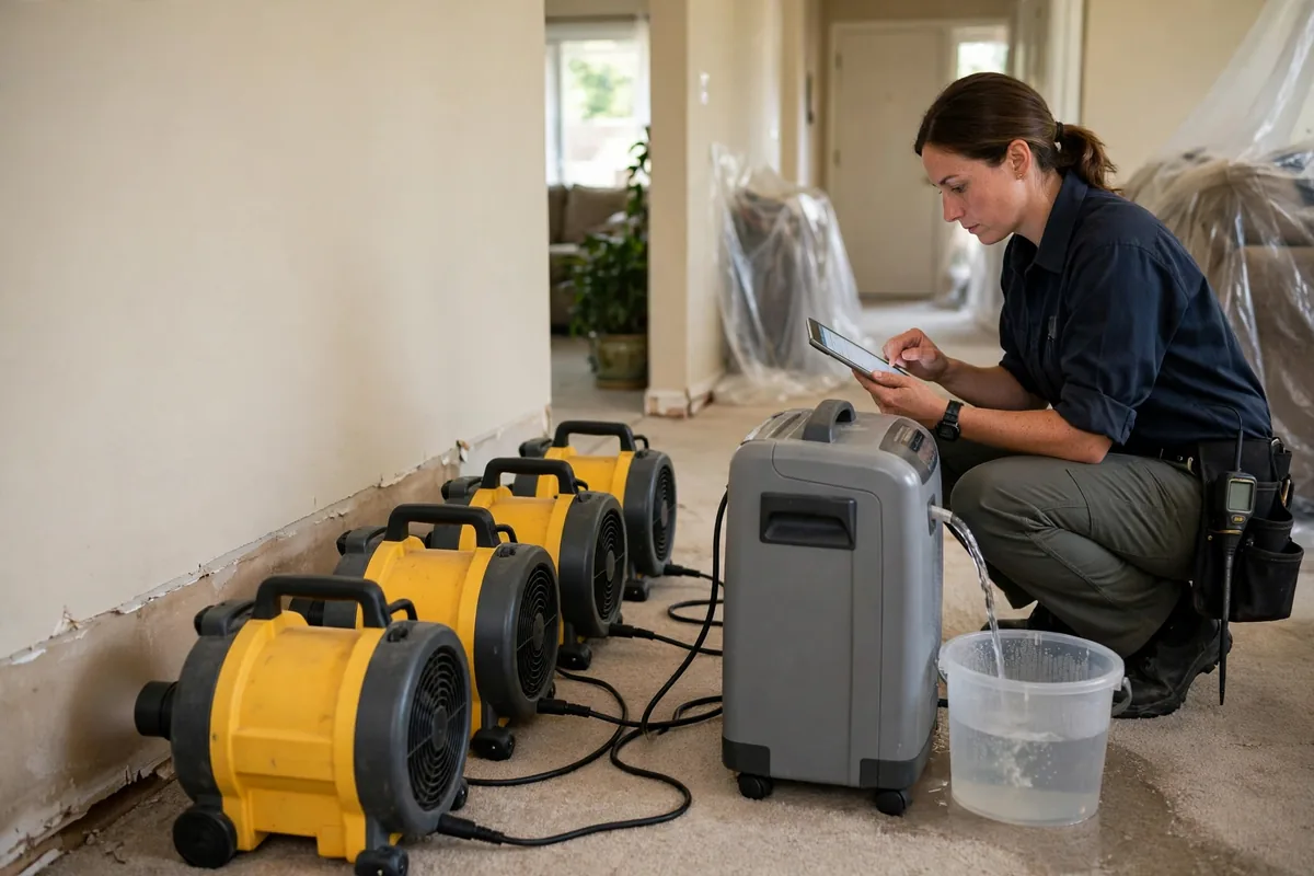 Emergency Burst Pipe & Freeze Water Damage Repair Parker, ID — air movers and a dehumidifier drying a flooded room
