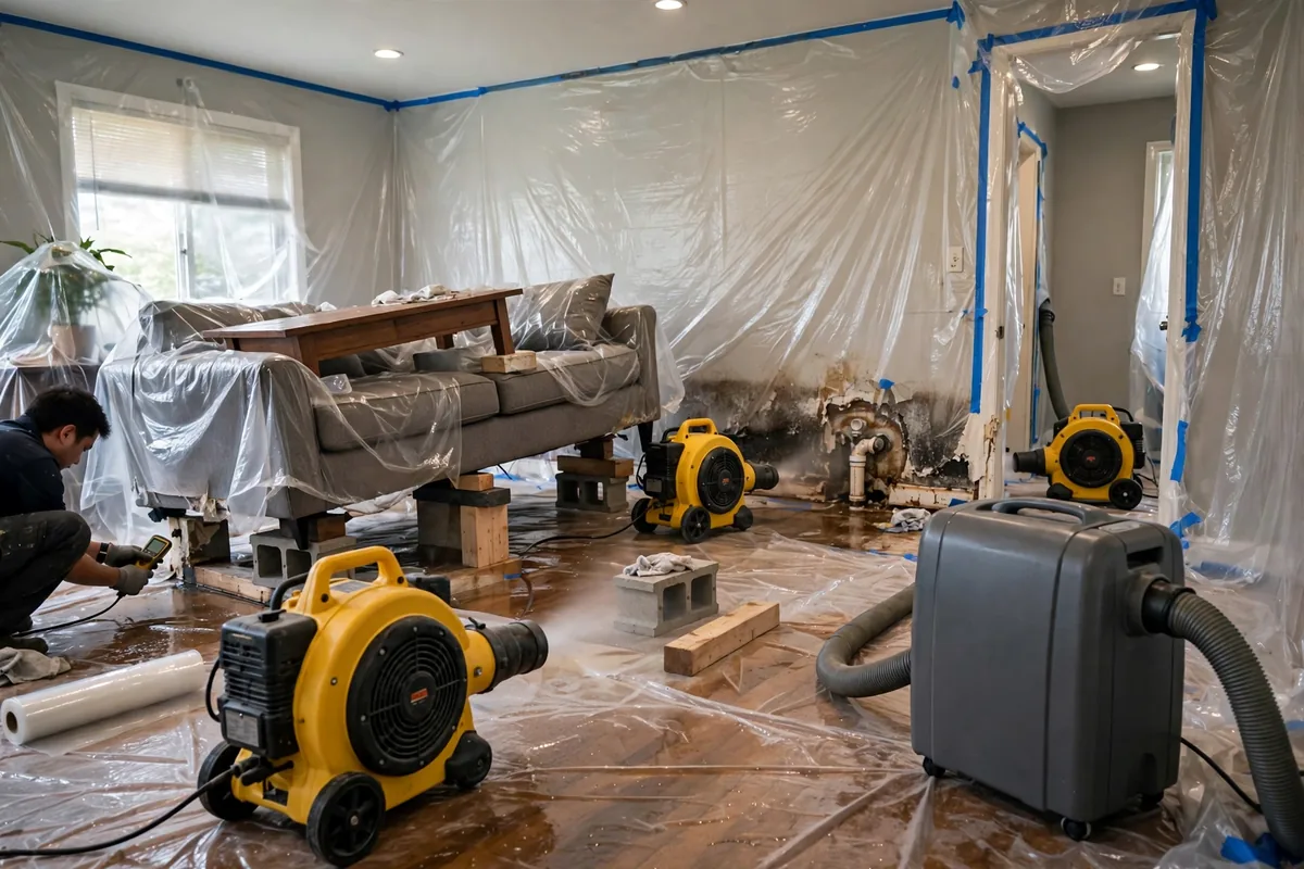 Emergency Burst Pipe & Freeze Water Damage Repair Parma, ID — air movers and a dehumidifier drying a flooded room