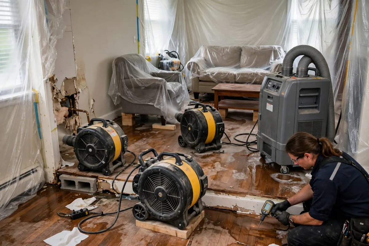 Emergency Burst Pipe & Freeze Water Damage Repair Placerville, ID — air movers and a dehumidifier drying a flooded room