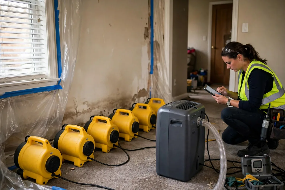 Emergency Burst Pipe & Freeze Water Damage Repair Plummer, ID — air movers and a dehumidifier drying a flooded room