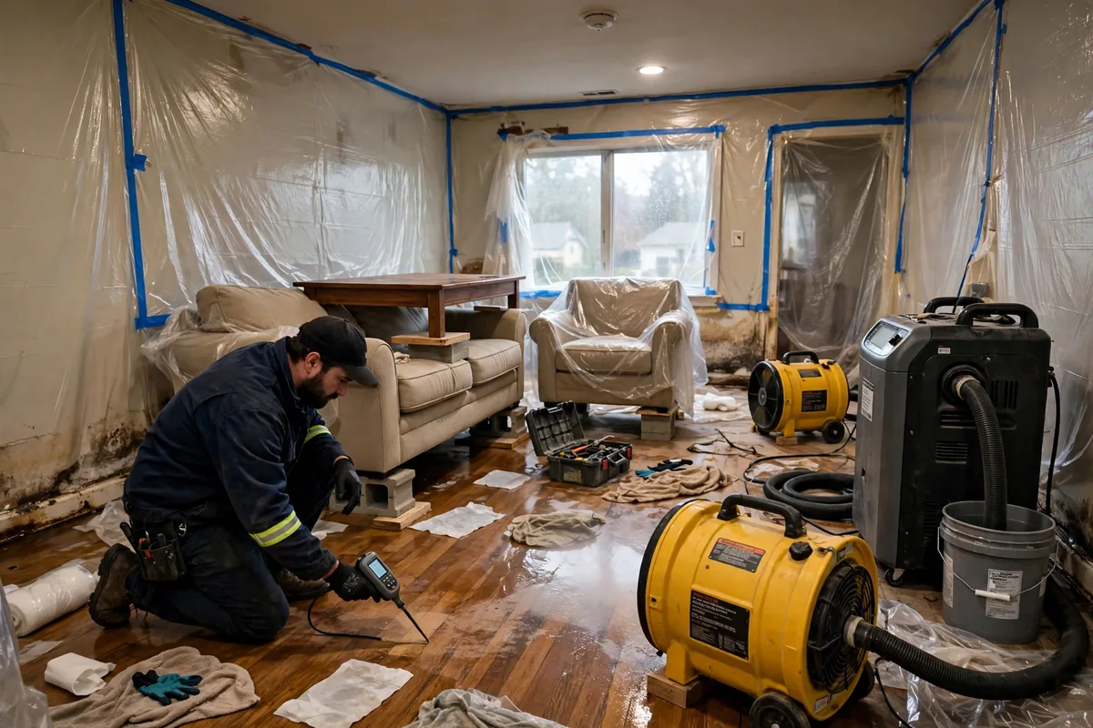 Emergency Burst Pipe & Freeze Water Damage Repair Post Falls, ID — air movers and a dehumidifier drying a flooded room