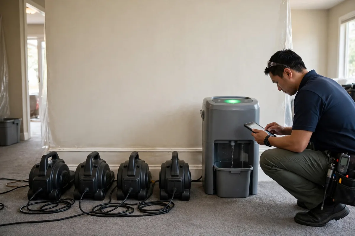 Emergency Burst Pipe & Freeze Water Damage Repair Rexburg, ID — air movers and a dehumidifier drying a flooded room