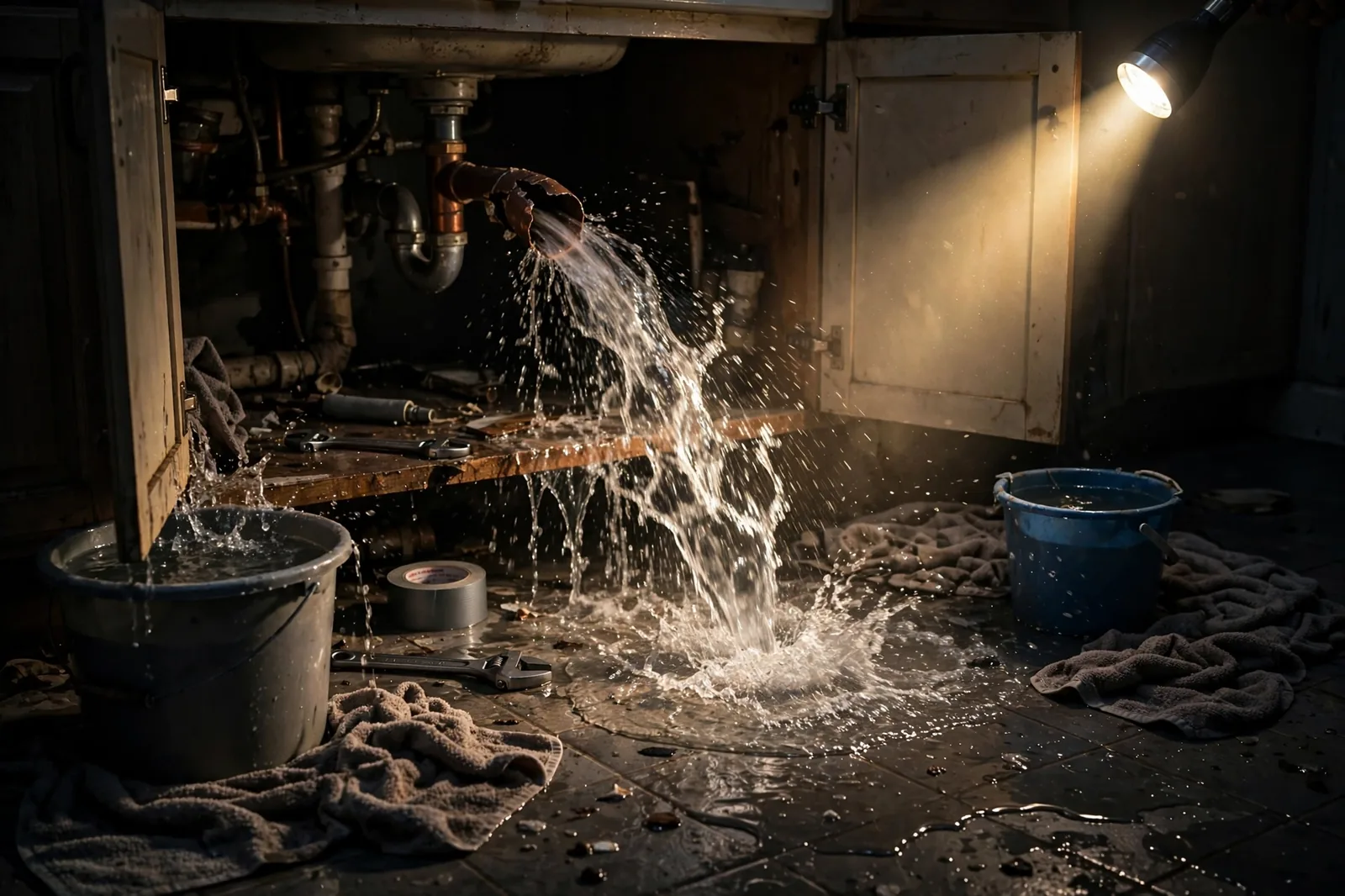 Emergency Burst Pipe & Freeze Water Damage Repair Rexburg, ID — first-hour response to a burst pipe, shutoff valve being closed