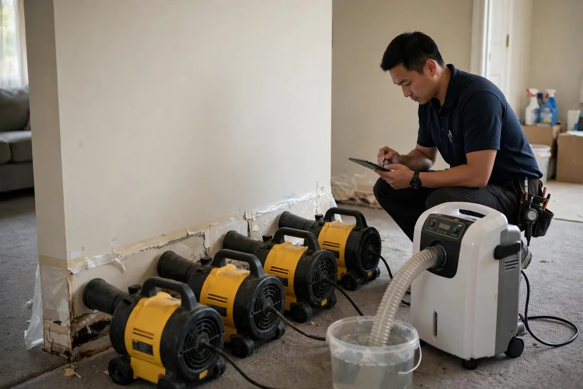 Emergency Burst Pipe & Freeze Water Damage Repair Rigby, ID — air movers and a dehumidifier drying a flooded room
