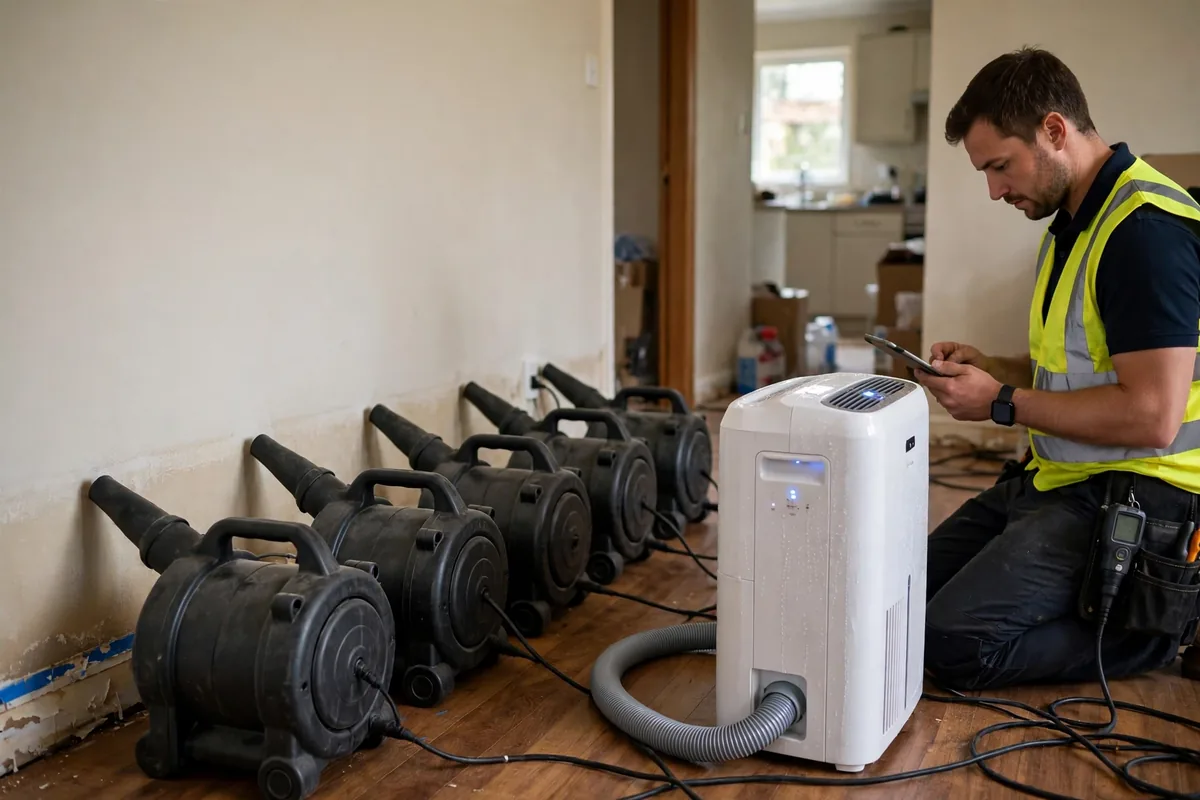 Emergency Burst Pipe & Freeze Water Damage Repair Roberts, ID — air movers and a dehumidifier drying a flooded room
