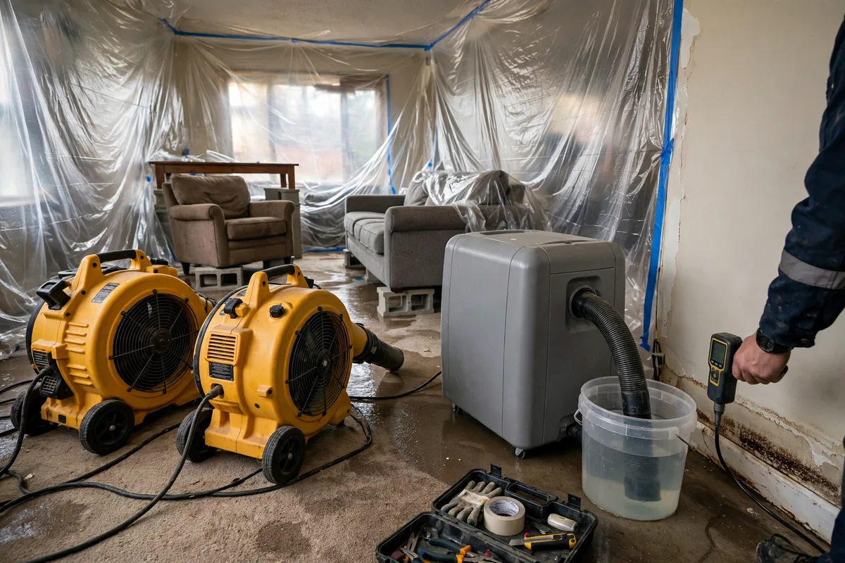 Emergency Burst Pipe & Freeze Water Damage Repair Sandpoint, ID — air movers and a dehumidifier drying a flooded room