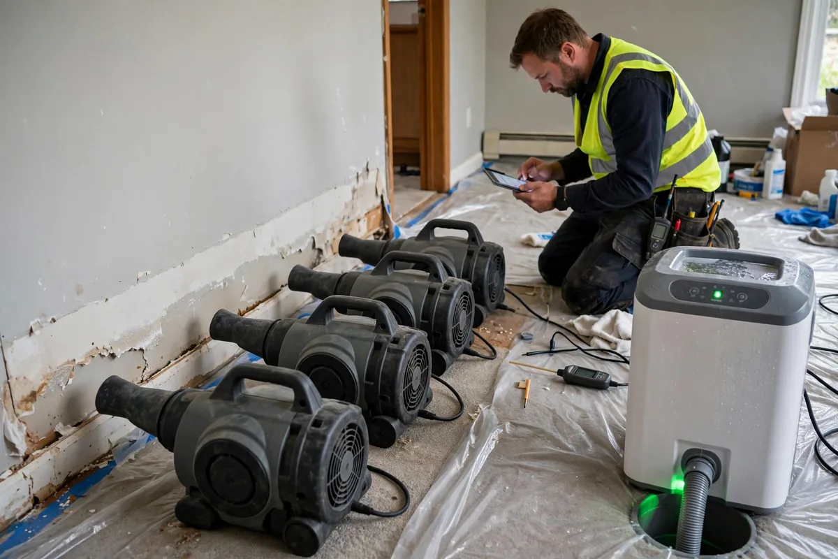 Emergency Burst Pipe & Freeze Water Damage Repair Shelley, ID — air movers and a dehumidifier drying a flooded room