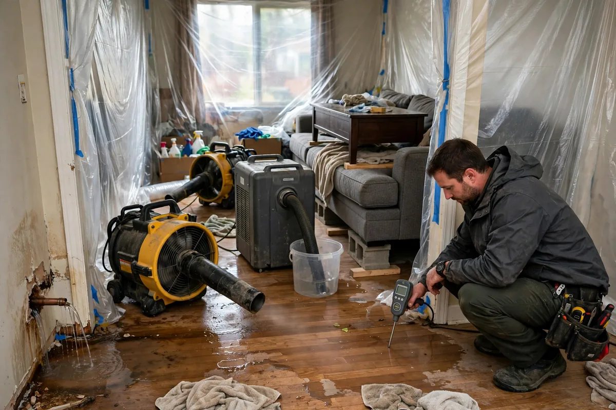 Emergency Burst Pipe & Freeze Water Damage Repair Spirit Lake, ID — air movers and a dehumidifier drying a flooded room