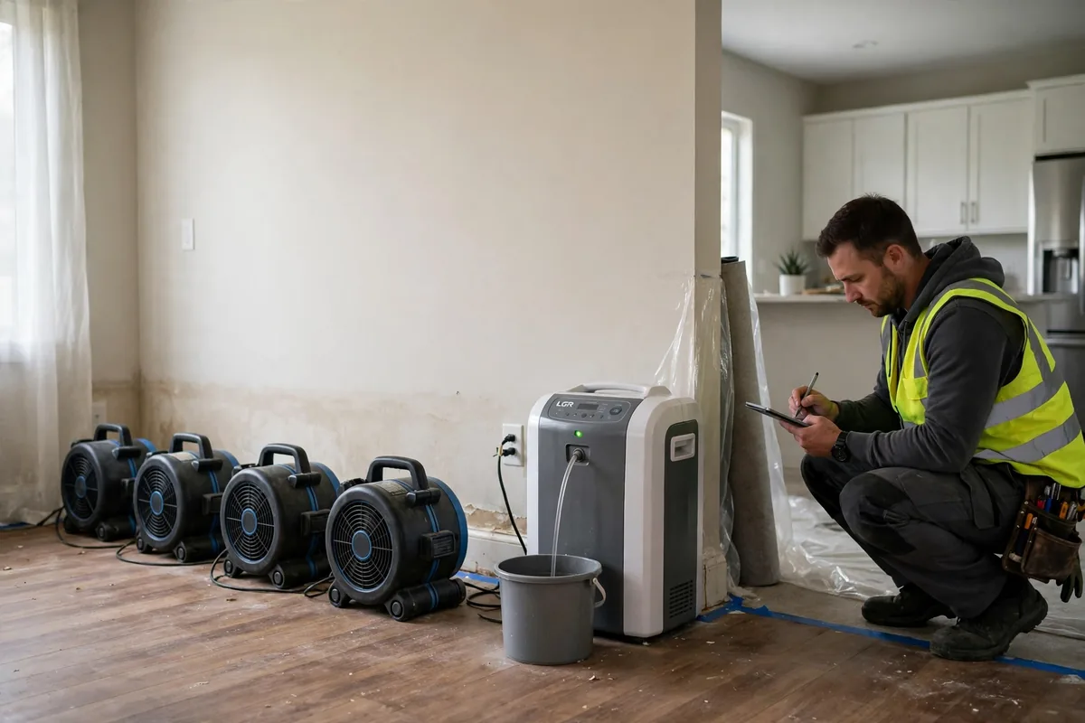 Emergency Burst Pipe & Freeze Water Damage Repair Springfield, ID — air movers and a dehumidifier drying a flooded room