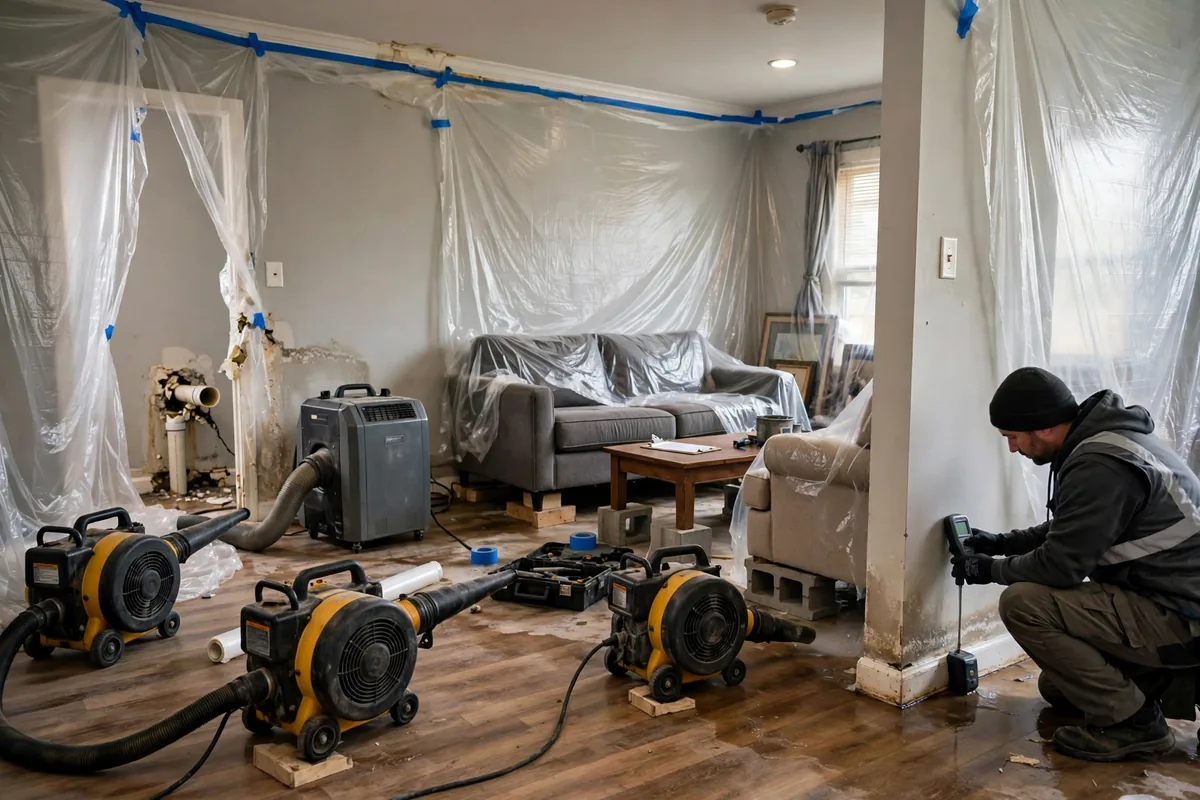 Emergency Burst Pipe & Freeze Water Damage Repair Star, ID — air movers and a dehumidifier drying a flooded room