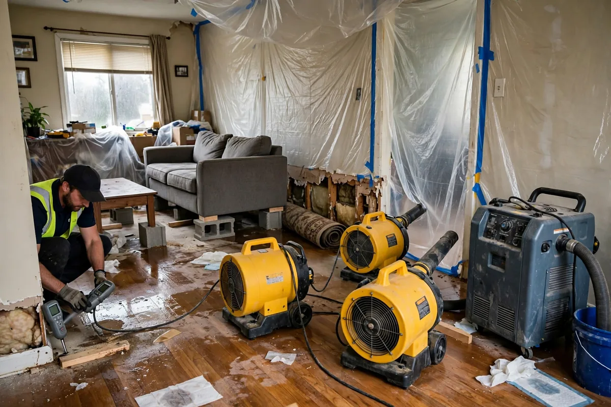 Emergency Burst Pipe & Freeze Water Damage Repair Sweet, ID — air movers and a dehumidifier drying a flooded room