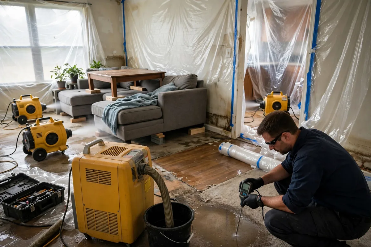 Emergency Burst Pipe & Freeze Water Damage Repair Weiser, ID — air movers and a dehumidifier drying a flooded room