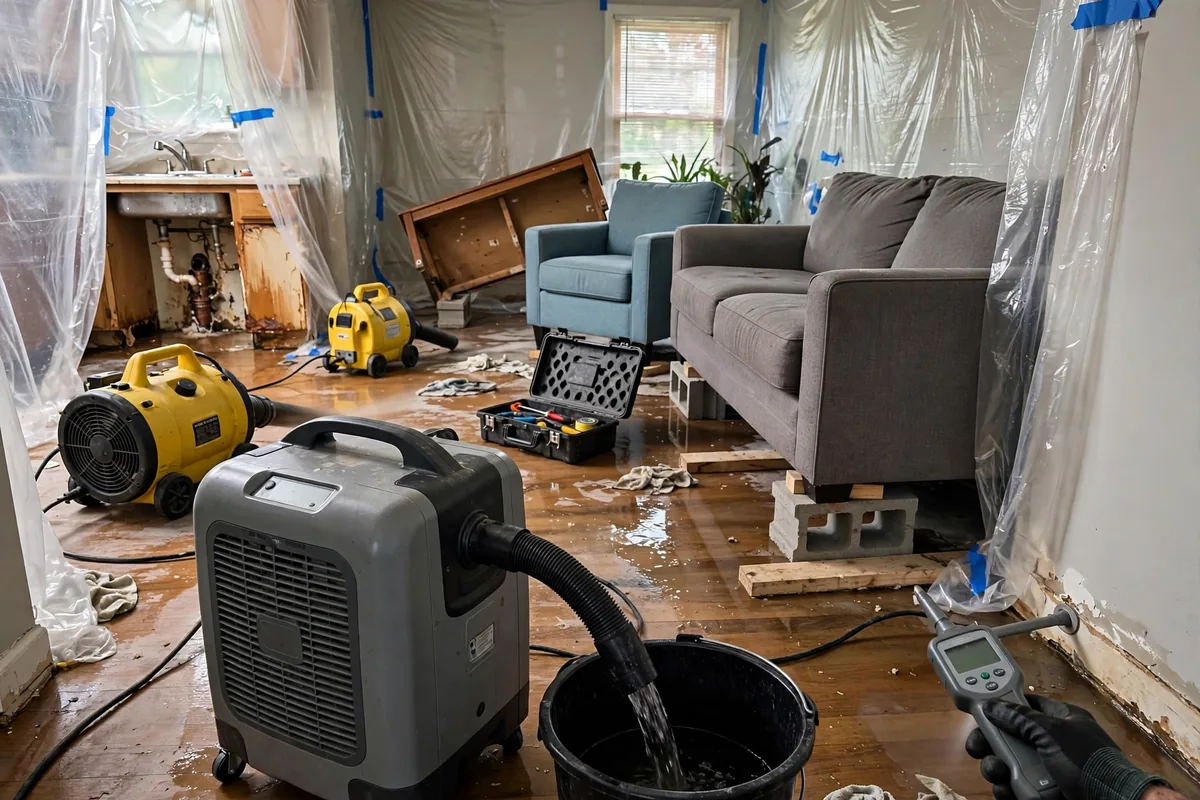 Emergency Burst Pipe & Freeze Water Damage Repair Wilder, ID — air movers and a dehumidifier drying a flooded room