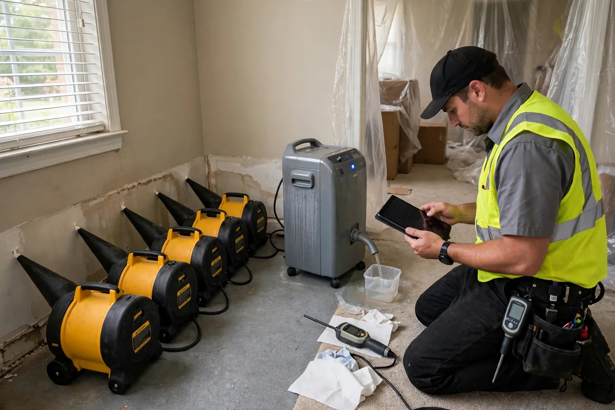 Emergency Burst Pipe & Freeze Water Damage Repair Worley, ID — air movers and a dehumidifier drying a flooded room