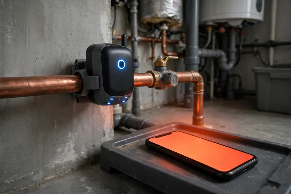 Water Leak Detector Prevent Damage — a close look at a frozen pipe section