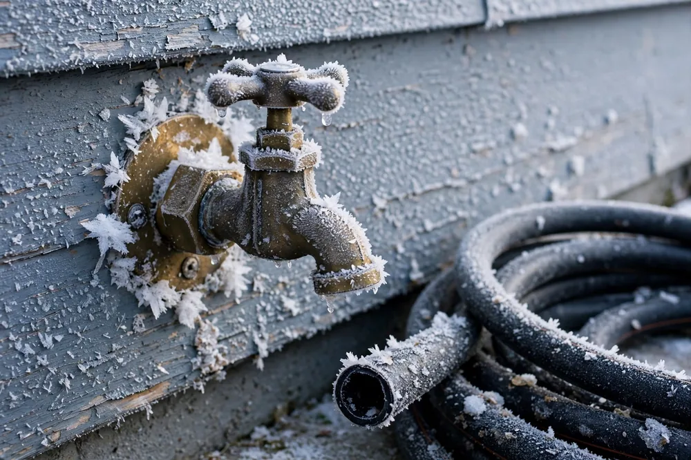 Protect Outdoor Faucets Winter Burst Pipe — a close look at a frozen pipe section