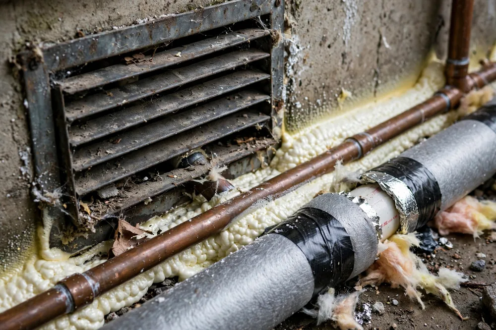 Cold Air Leaks Freeze Pipes — a close look at a frozen pipe section