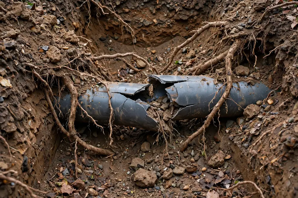 Tree Roots Break Water Line — a close look at a frozen pipe section