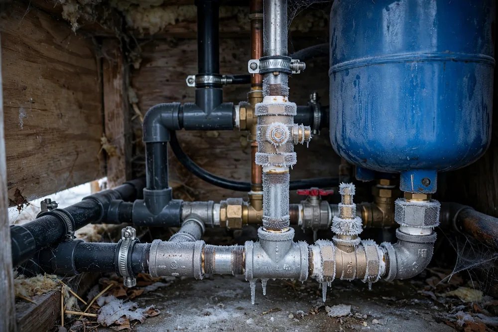 Well Line Frozen Idaho Winter — a close look at a frozen pipe section