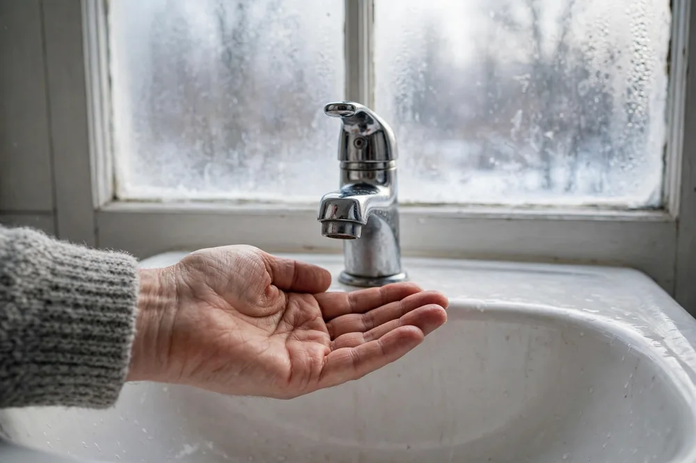 Only One Faucet Has No Water — a close look at a frozen pipe section